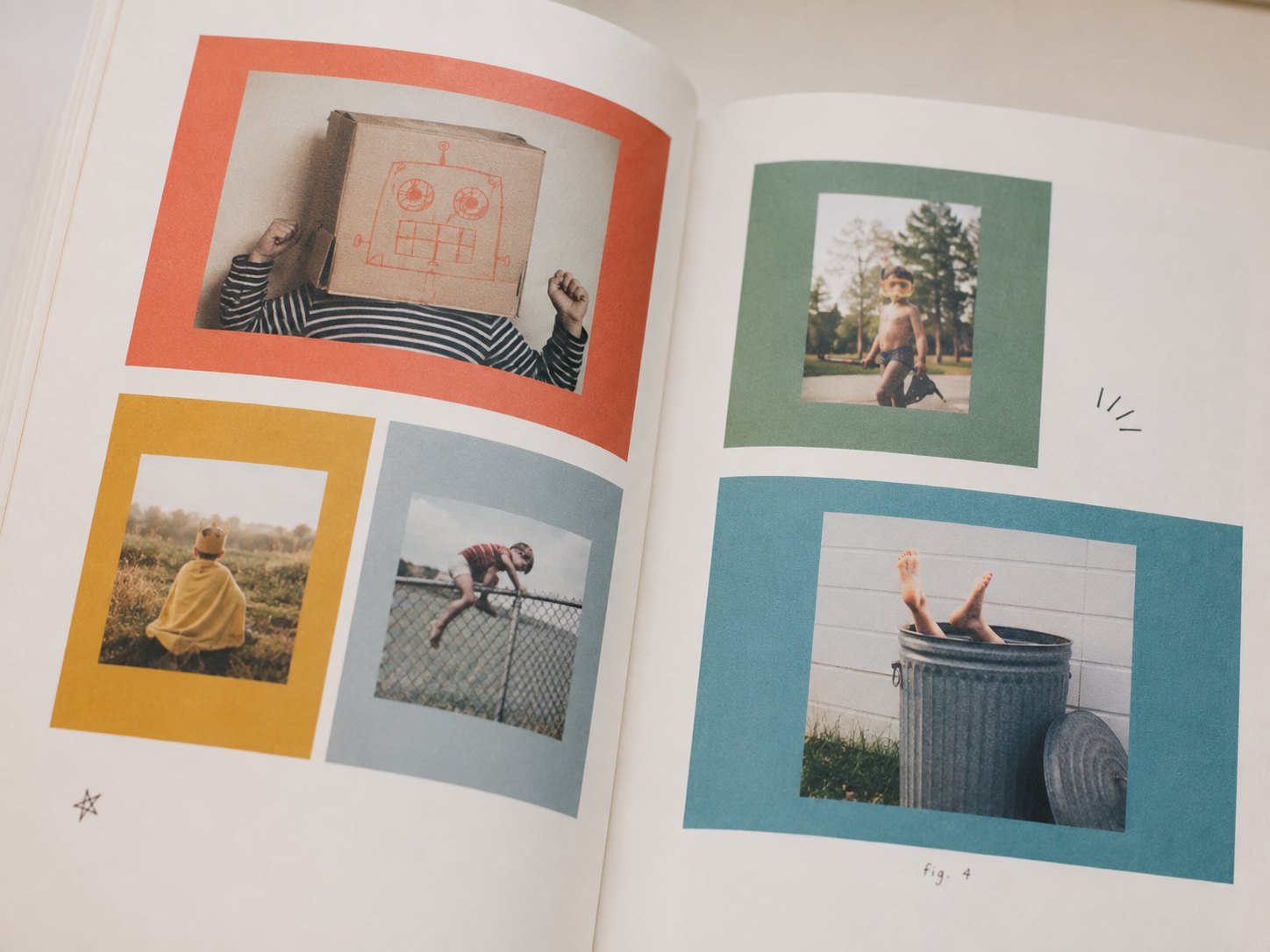 Interior detail from Glimt with personal childhood photographs placed on colourful backgrounds